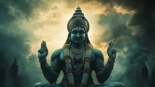 Serene blue deity statue sits before storm lit temple sky