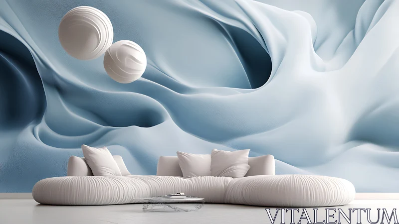 Soft white lounge beneath flowing abstract blue drapery.