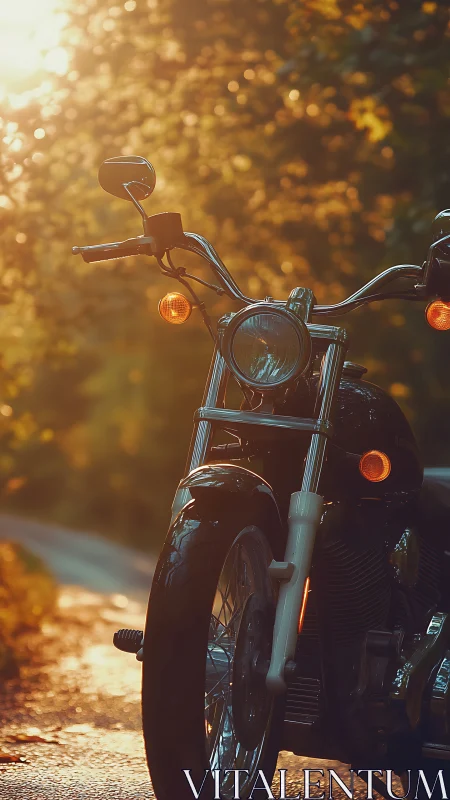 Golden hour motorcycle waits quietly on a sunlit forest road