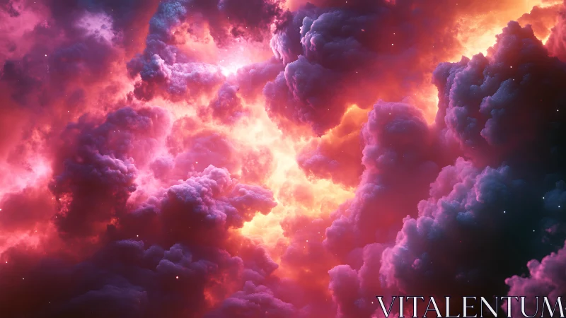Radiant cosmic nebula glows through dense magenta storm clouds