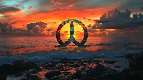 Symbolic emblem rises over vivid ocean sunset horizon