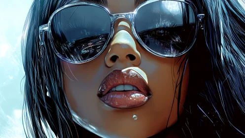 Close-up digital portrait shows reflective sunglasses and lips