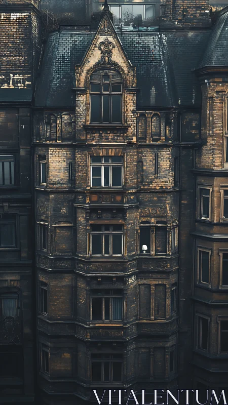 Gothic brick facade frames single glowing interior lamp.