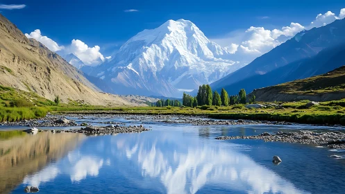 Snowy mountain peak above clear reflective river valley.