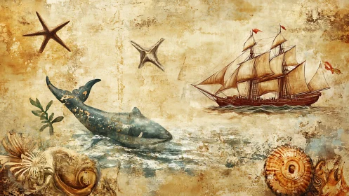 Vintage marine illustration shows sailing ship and sea life