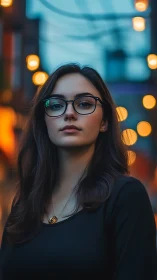 City dusk scholar under lantern bokeh halos, softly defiant.