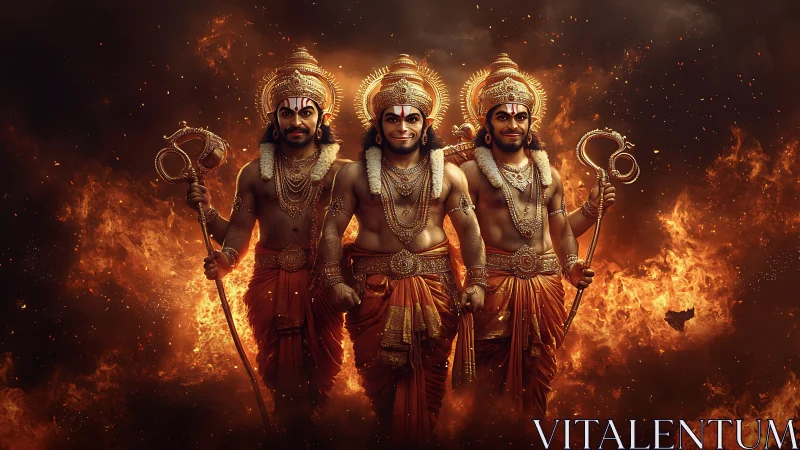 Fiery warrior trio stands united in glowing golden armor