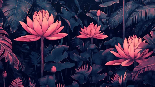 Neon lotus chorus glows softly in a midnight jungle garden.