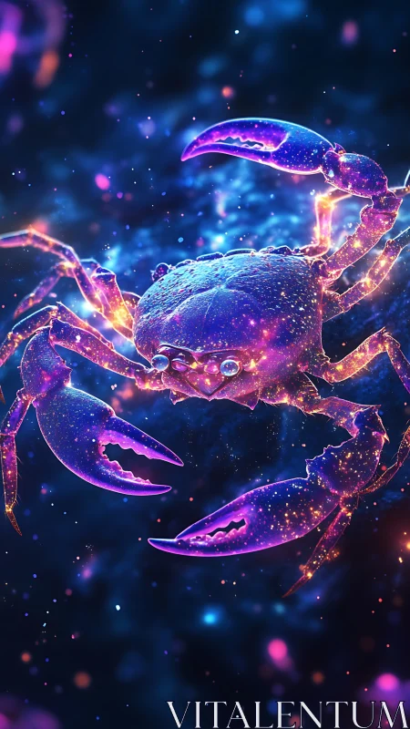 Neon cosmic crab drifts through a glowing galactic sea
