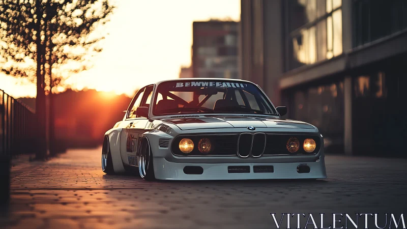 Sunset-slammed classic racer prowls the quiet city canyon.