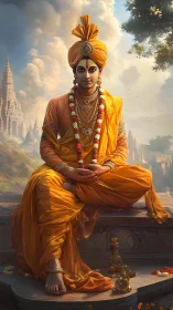 Saffron-robed deity seated in golden dawn serenity.