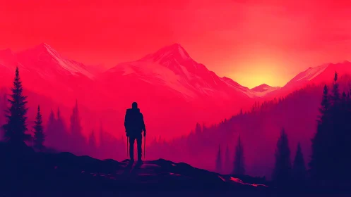 Solitary trekker under neon crimson alpine sunrise.