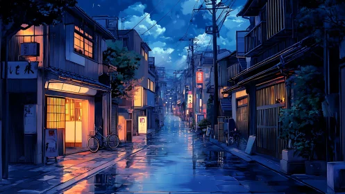Rain-soaked Japanese alleyway glows under contrasting neon and warm light