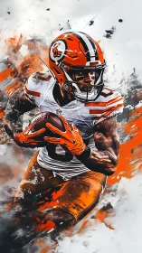 Dynamic football runner surges through abstract orange smoke.