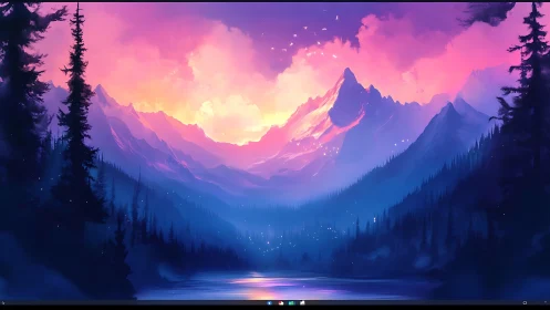 Vibrant digital mountains over lake at twilight glow.