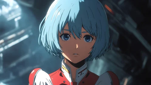 Blue haired anime pilot in red suit facing viewer.