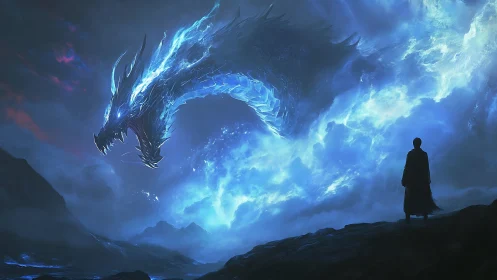 Stormlit crystal dragon greets lone wanderer at world’s edge.