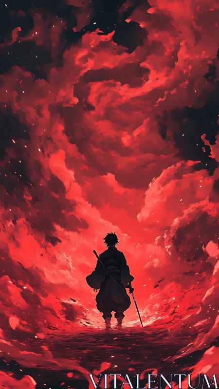 Lone warrior strolls through swirling crimson storm of fire.