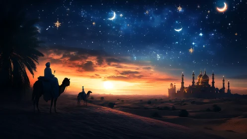 Riders on camels approach glowing desert palace at dusk.
