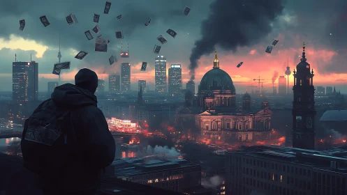 Lone figure watches burning city as money scatters overhead.