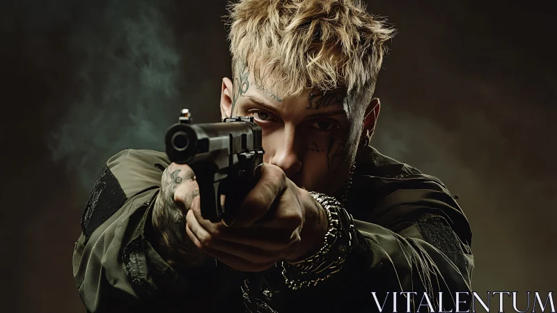 Tattooed man aiming handgun toward camera in studio.