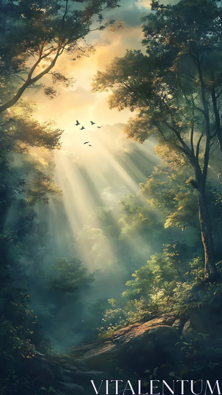 Enchanted Forest Clearing with Golden Sunrays.