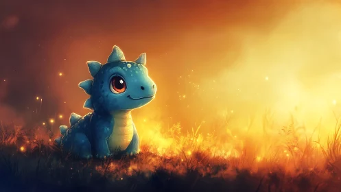 Blue baby dragon sits in glowing orange grass at dusk