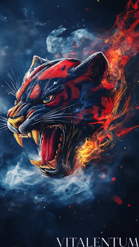 Digital painting of flaming panther head in cosmic void.