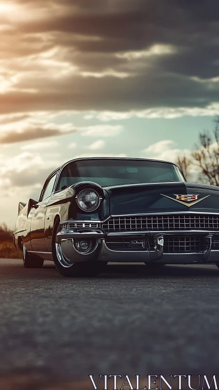 Low-angle chromatic study of vintage Cadillac under stormlight.