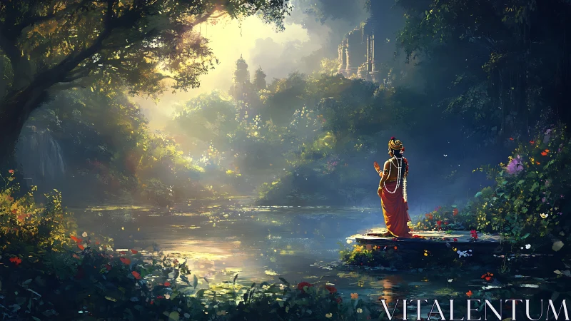 Serene robed wanderer by a sunlit mystical forest river.