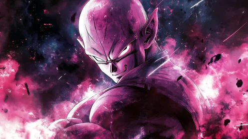Intense anime warrior amid explosive pink cosmic energy.