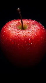 Macro red apple with water droplets on black low key background.