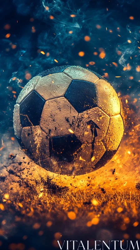 Thermally charged soccer ball amid particulate combustion field.