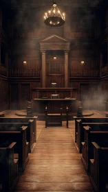 Dimly lit wooden courtroom interior evokes solemn justice.