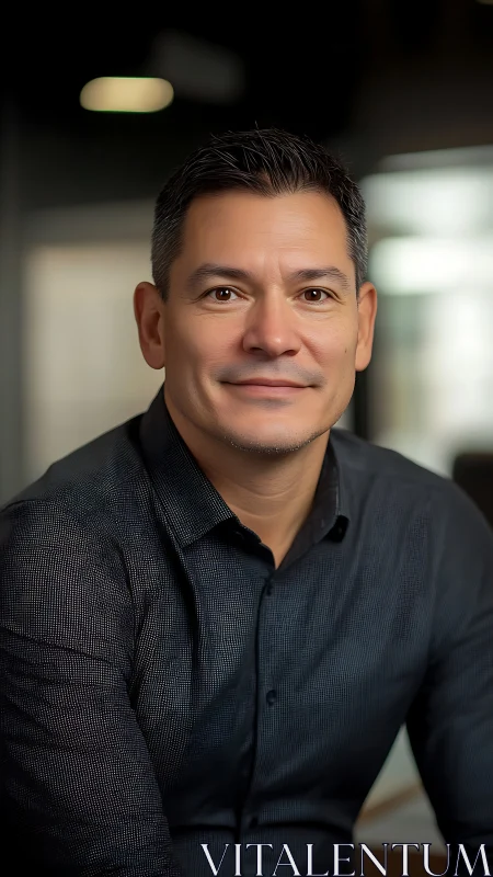 Photorealistic corporate headshot in soft office bokeh lighting.