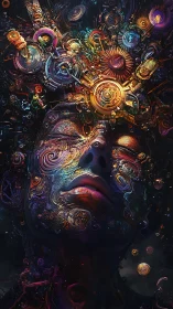 Neural visage dissolves into luminous cybernetic fractal machinery