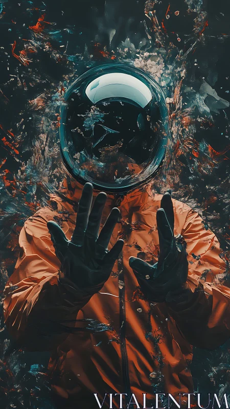 Astronaut in turbulent fluidic shatter field, refractive study.