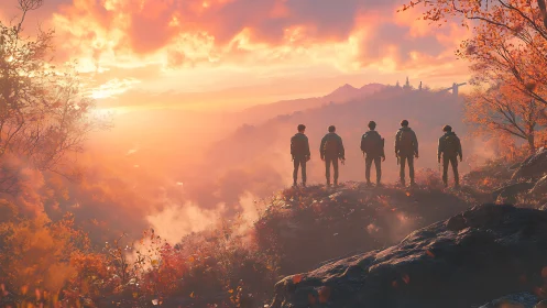 Friends at the ember-bright edge of an autumn sunrise.