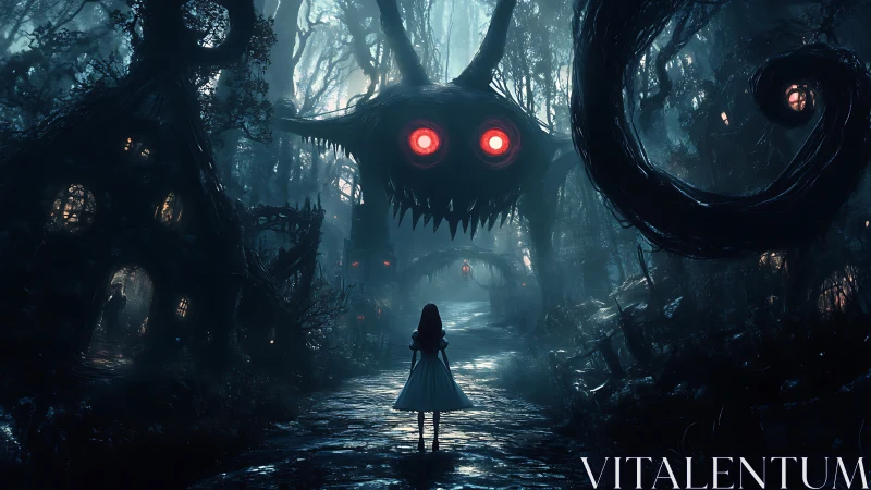 Girl confronts monstrous red-eyed entity in haunted forest