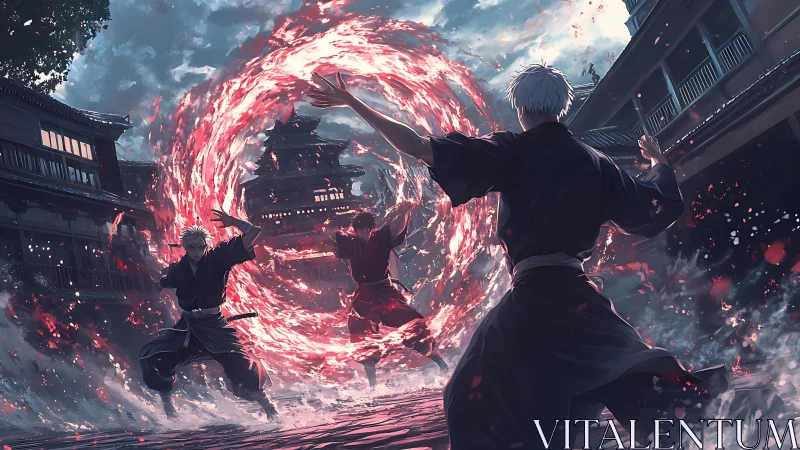 Sorcerers clash within flaming vortex in stormy street scene.