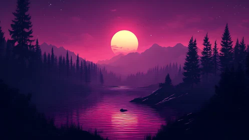 Neon-toned forest lake with mountains under large sun.