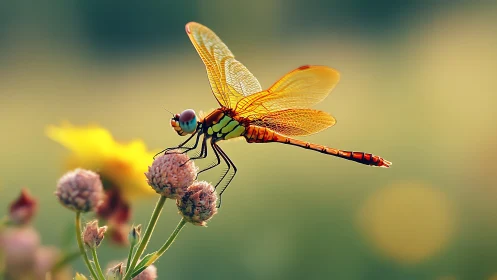 Dragonfly on wildflower in sunlit shallow depth of field.