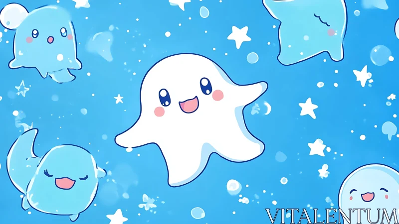 Cute ghost pattern with floating chibi sea creatures.