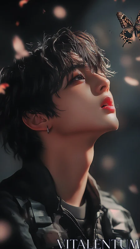 Soft light frames wistful youth watching drifting butterfly.