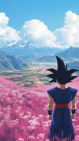 Wanderer in pink fields gazing toward distant blue mountains.