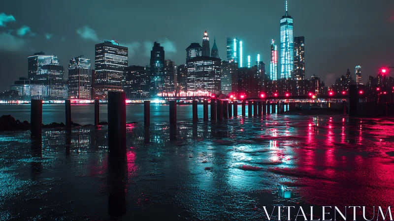Neon city skyline glows over wet harbor at atmospheric night