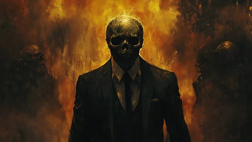 Skull-faced figure in formal suit emerges from infernal smoke field