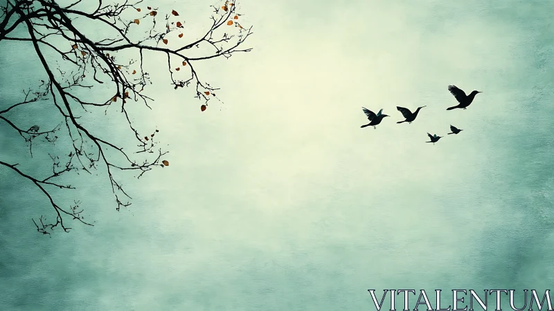 Silhouetted birds flying past bare tree branches in soft pastel sky.