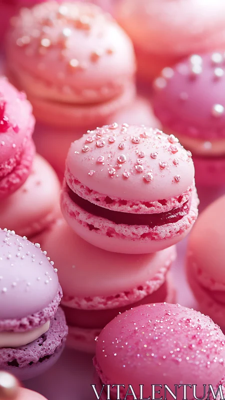 Macro optical study of pearl-dusted pink macarons stack.