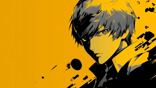 Stylized male anime portrait appears on yellow backdrop